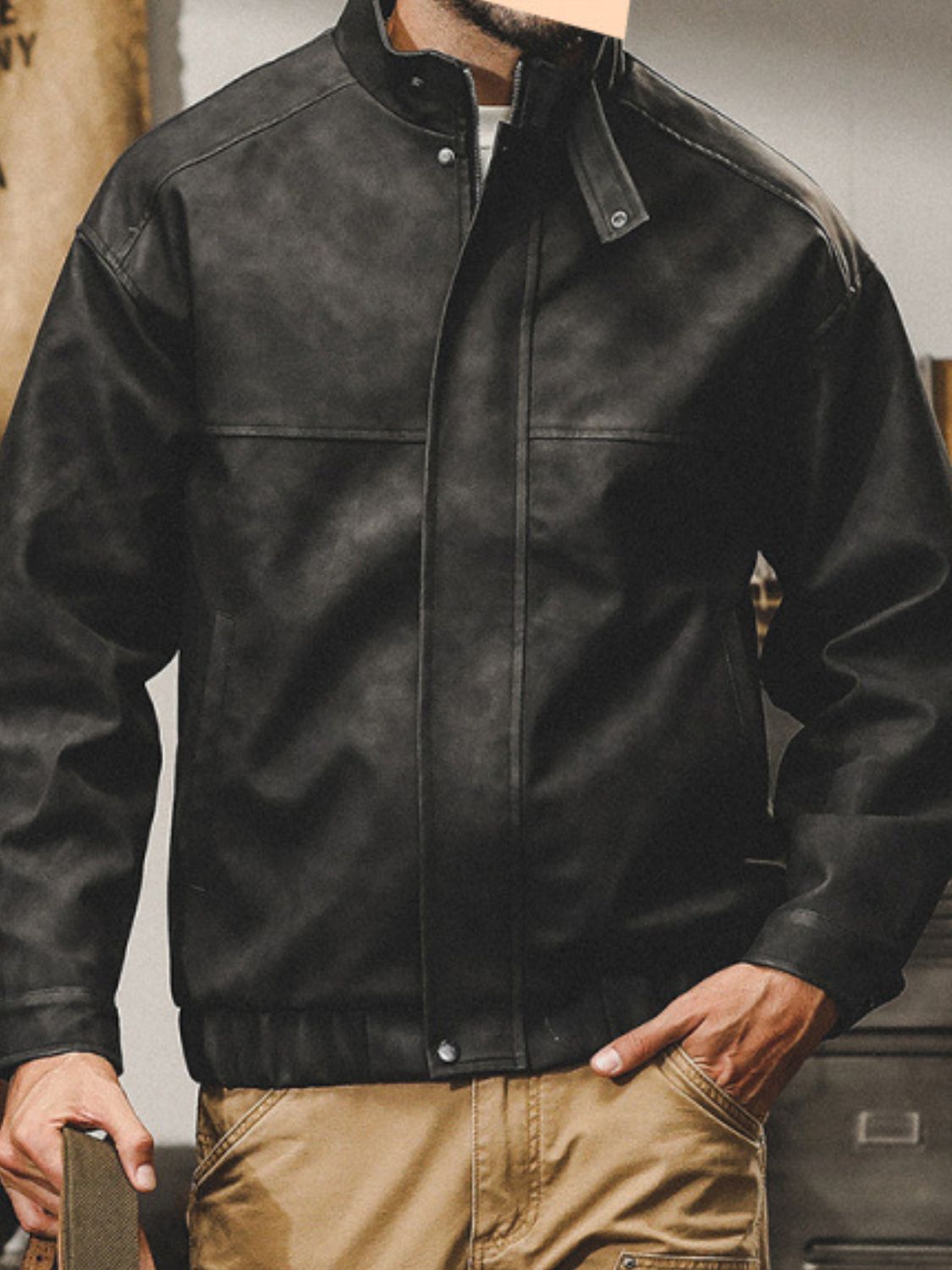 Mens Plus Size Zip Up Stand Collar Biker Jacket - aurelia-clothing-8955