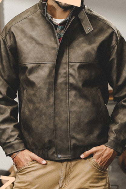Mens Plus Size Zip Up Stand Collar Biker Jacket - aurelia-clothing-8955