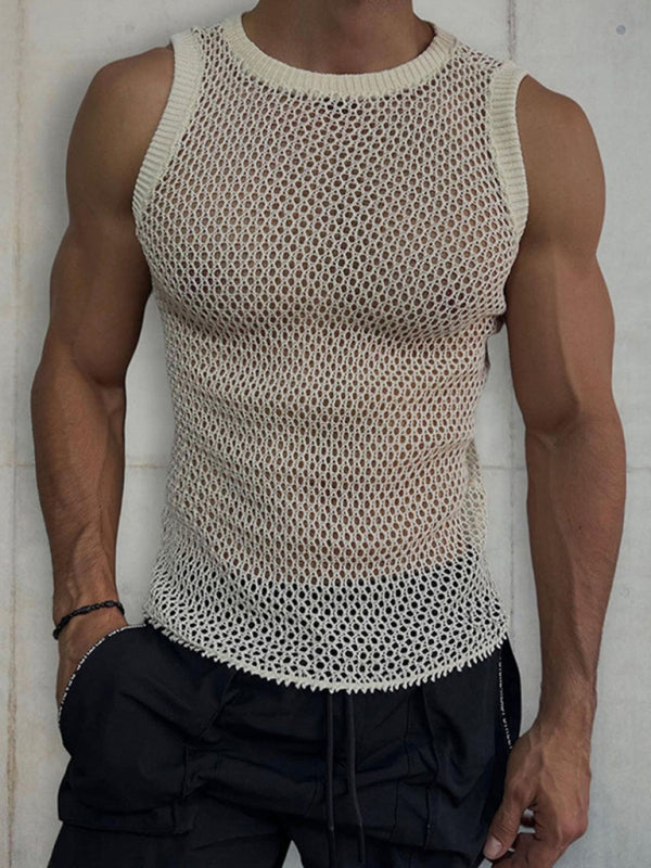 Mens Solid Color Round Neck Sleeveless Hollow Knitted Vest - Free Shipping - aurelia-clothing-8955
