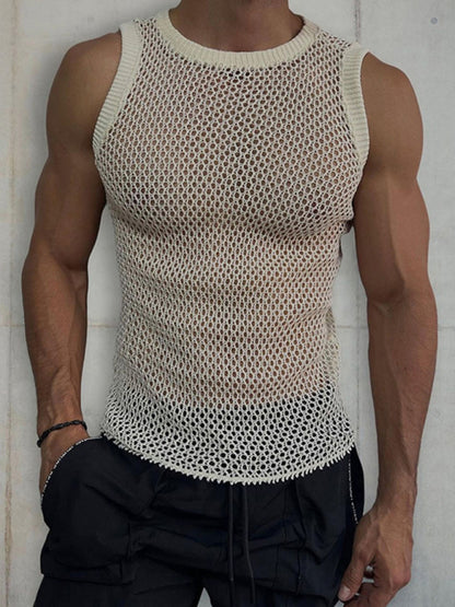 Mens Solid Color Round Neck Sleeveless Hollow Knitted Vest - Free Shipping - aurelia-clothing-8955