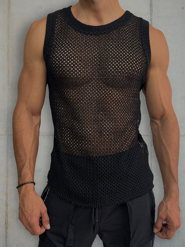Mens Solid Color Round Neck Sleeveless Hollow Knitted Vest - Free Shipping - aurelia-clothing-8955
