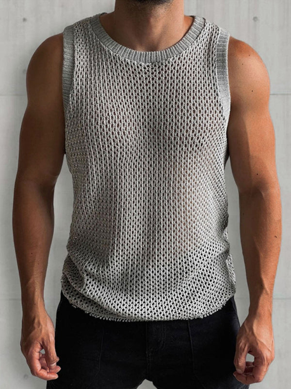 Mens Solid Color Round Neck Sleeveless Hollow Knitted Vest - Free Shipping - aurelia-clothing-8955