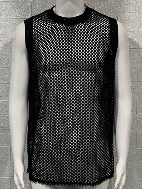 Mens Solid Color Round Neck Sleeveless Hollow Knitted Vest - Free Shipping - aurelia-clothing-8955