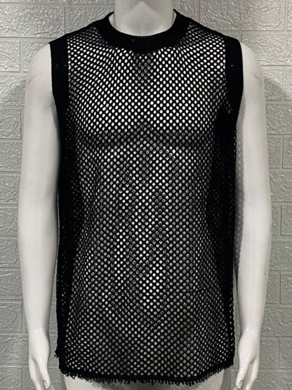 Mens Solid Color Round Neck Sleeveless Hollow Knitted Vest - Free Shipping - aurelia-clothing-8955
