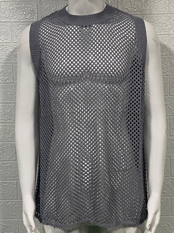 Mens Solid Color Round Neck Sleeveless Hollow Knitted Vest - Free Shipping - aurelia-clothing-8955