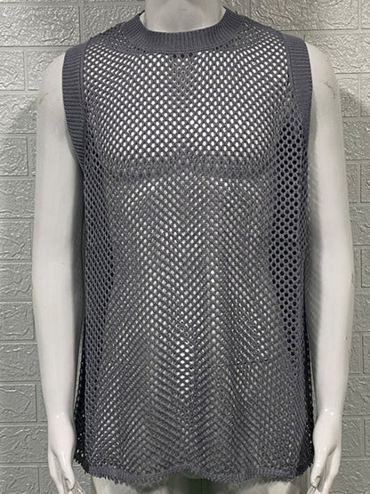 Mens Solid Color Round Neck Sleeveless Hollow Knitted Vest - Free Shipping - aurelia-clothing-8955