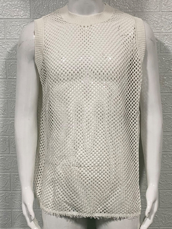 Mens Solid Color Round Neck Sleeveless Hollow Knitted Vest - Free Shipping - aurelia-clothing-8955