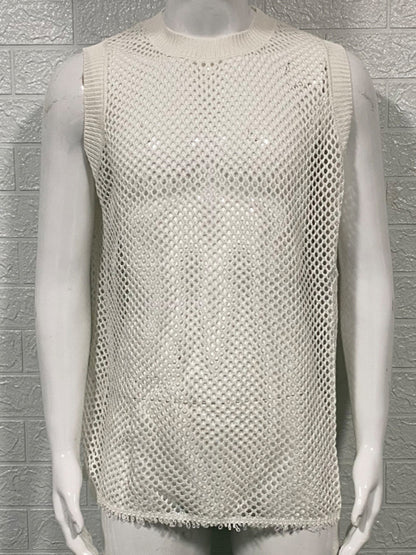 Mens Solid Color Round Neck Sleeveless Hollow Knitted Vest - Free Shipping - aurelia-clothing-8955