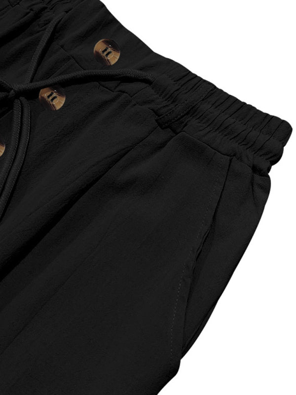 Mens black breathable linen loose casual trousers - Free Shipping - aurelia-clothing-8955