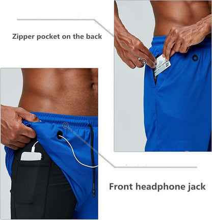 Mens music shorts 2 in 1 running shorts security pockets shorts quick drying sports shorts built-in pockets hip zipper pockets - Free Shipping - aurelia-clothing-8955