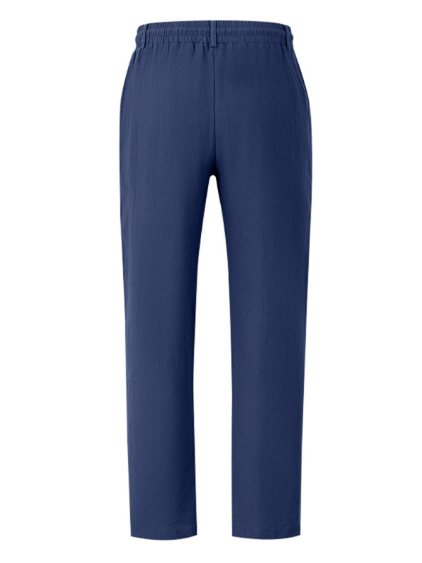 Mens navy blue breathable linen loose casual trousers - Free Shipping - aurelia-clothing-8955