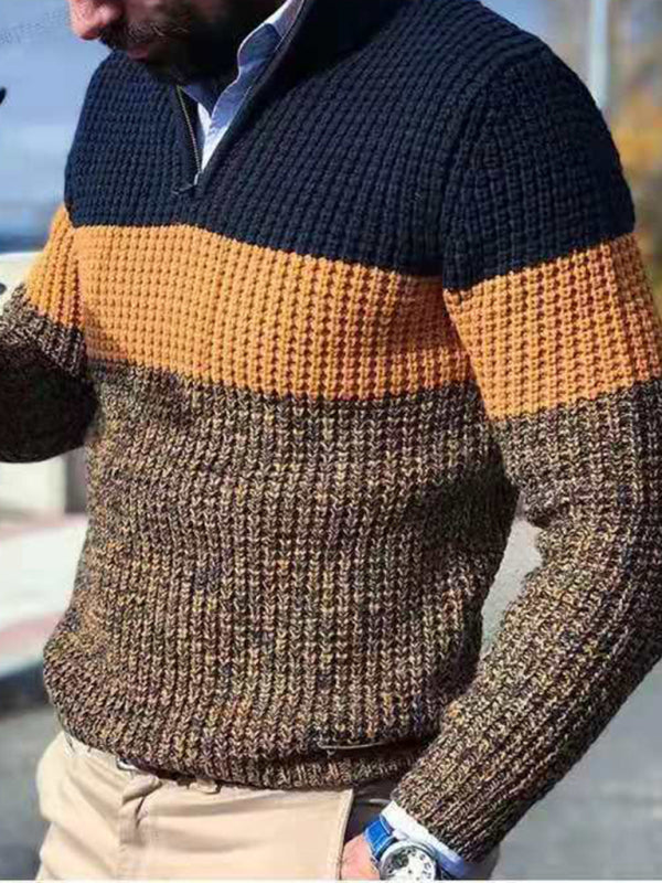 Mens stand-up collar zippered half-platform color-blocked casual V-neck sweater - Free Shipping - aurelia-clothing-8955