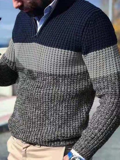 Mens stand-up collar zippered half-platform color-blocked casual V-neck sweater - Free Shipping - aurelia-clothing-8955