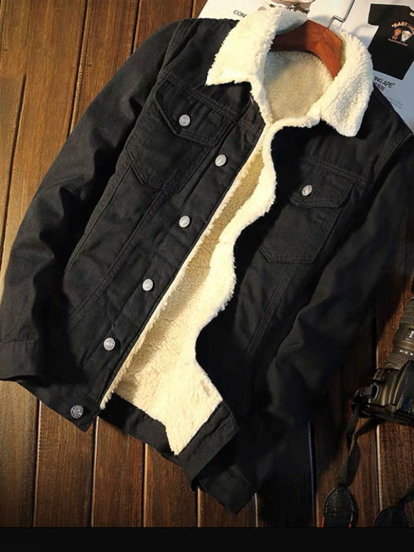Mens warm sherpa button lapel denim jacket- Free Shipping - aurelia-clothing-8955