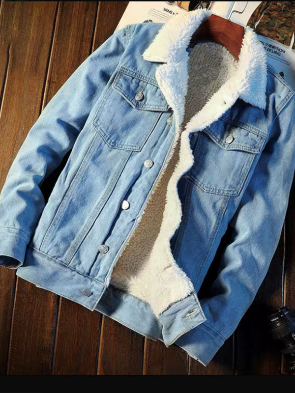 Mens warm sherpa button lapel denim jacket- Free Shipping - aurelia-clothing-8955