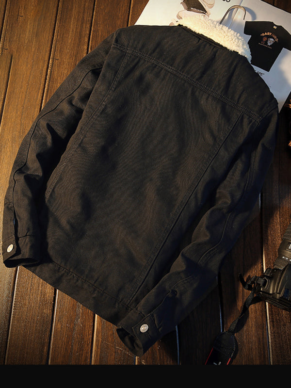 Mens warm sherpa button lapel denim jacket- Free Shipping - aurelia-clothing-8955
