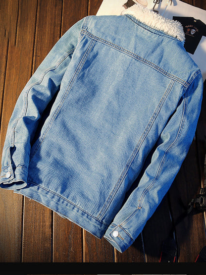 Mens warm sherpa button lapel denim jacket- Free Shipping - aurelia-clothing-8955