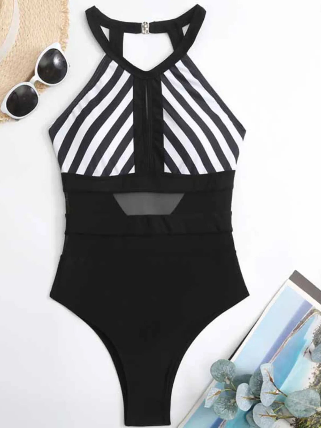 Mesh Detail Backless Striped One-Piece Swimsuit - Free Shipping - aurelia-clothing-8955