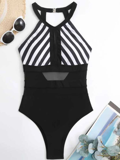 Mesh Detail Backless Striped One-Piece Swimsuit - Free Shipping - aurelia-clothing-8955