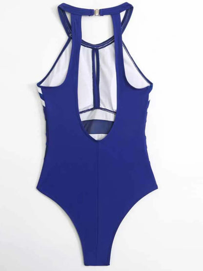 Mesh Detail Backless Striped One-Piece Swimsuit - Free Shipping - aurelia-clothing-8955