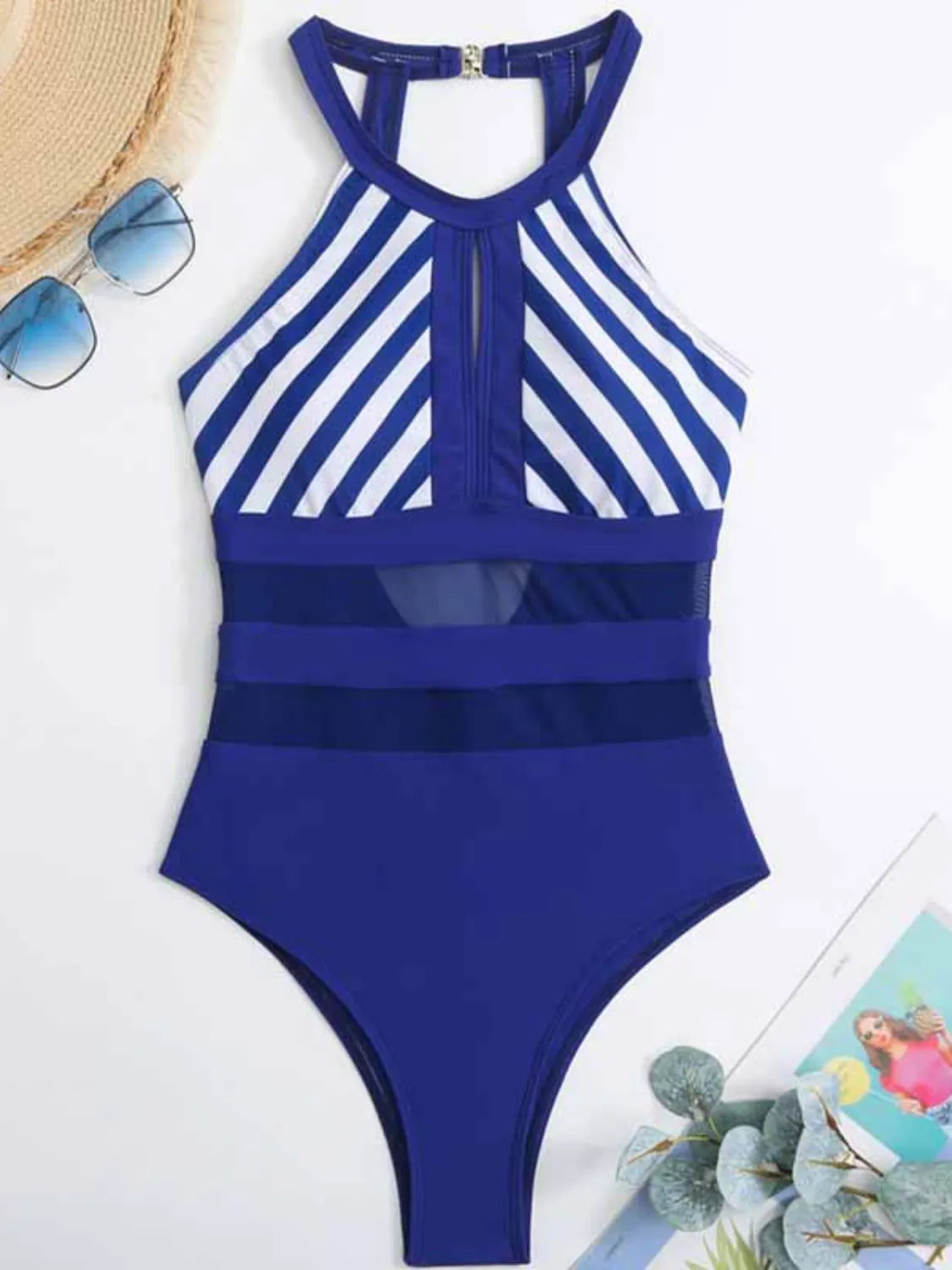 Mesh Detail Backless Striped One-Piece Swimsuit - Free Shipping - aurelia-clothing-8955