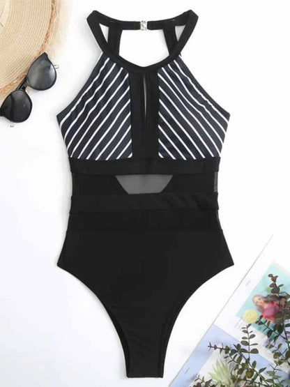 Mesh Detail Backless Striped One-Piece Swimsuit - Free Shipping - aurelia-clothing-8955