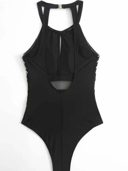 Mesh Detail Backless Striped One-Piece Swimsuit - Free Shipping - aurelia-clothing-8955