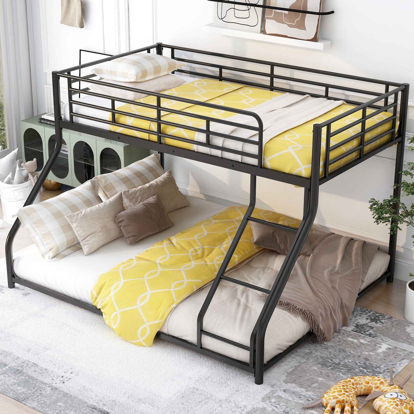 Metal Floor Bunk Bed, Twin XL over Queen, Black-Free Shipping - aurelia-clothing-8955