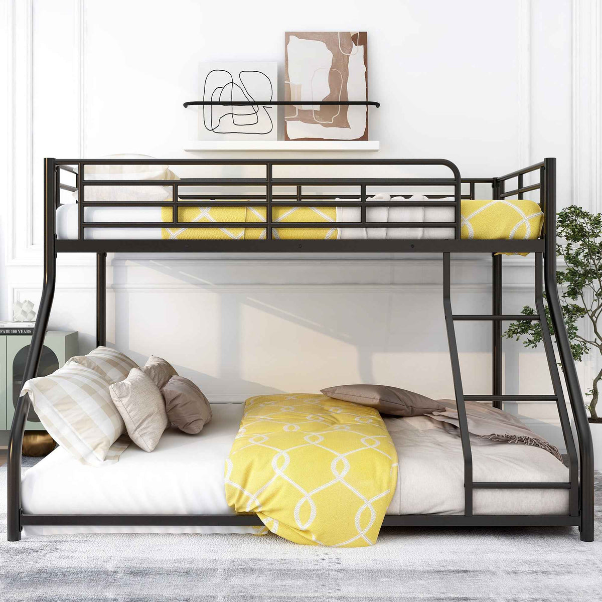 Metal Floor Bunk Bed, Twin XL over Queen, Black-Free Shipping - aurelia-clothing-8955