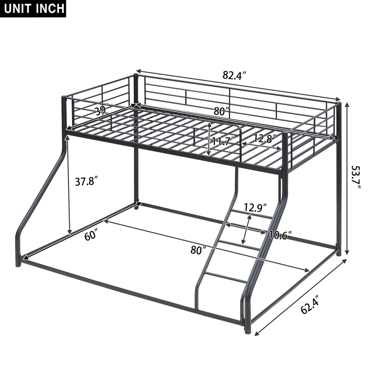 Metal Floor Bunk Bed, Twin XL over Queen, Black-Free Shipping - aurelia-clothing-8955