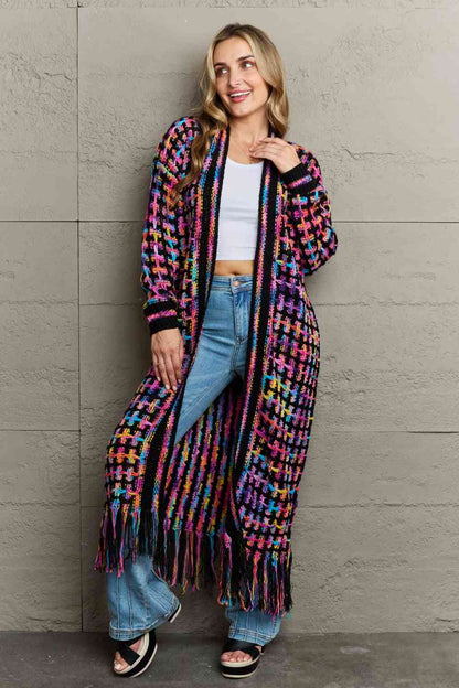 Multicolored Open Front Fringe Hem Cardigan - aurelia-clothing-8955