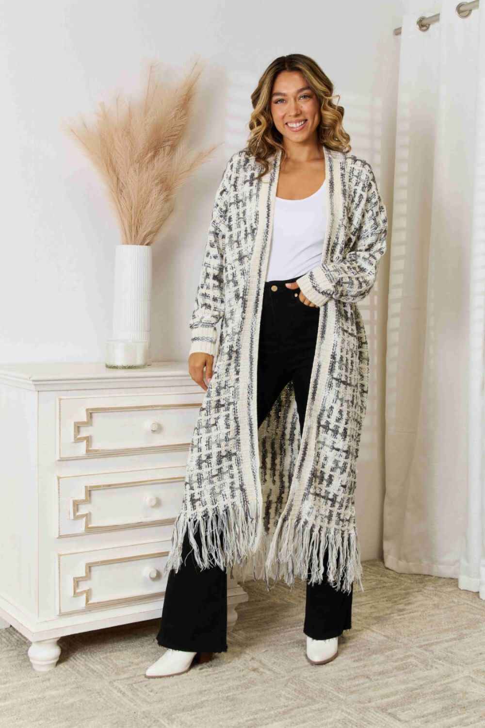 Multicolored Open Front Fringe Hem Cardigan - aurelia-clothing-8955