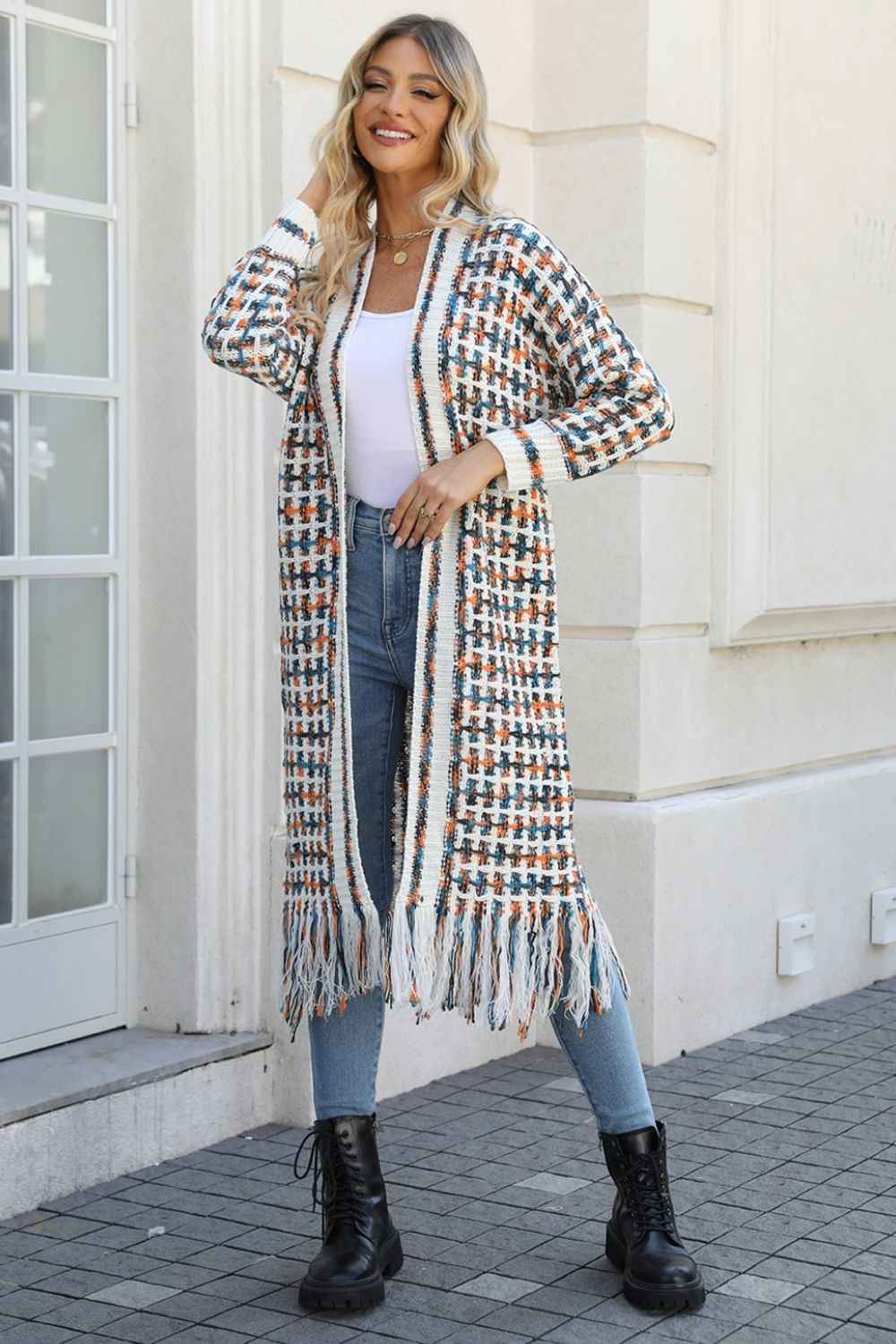 Multicolored Open Front Fringe Hem Cardigan - aurelia-clothing-8955