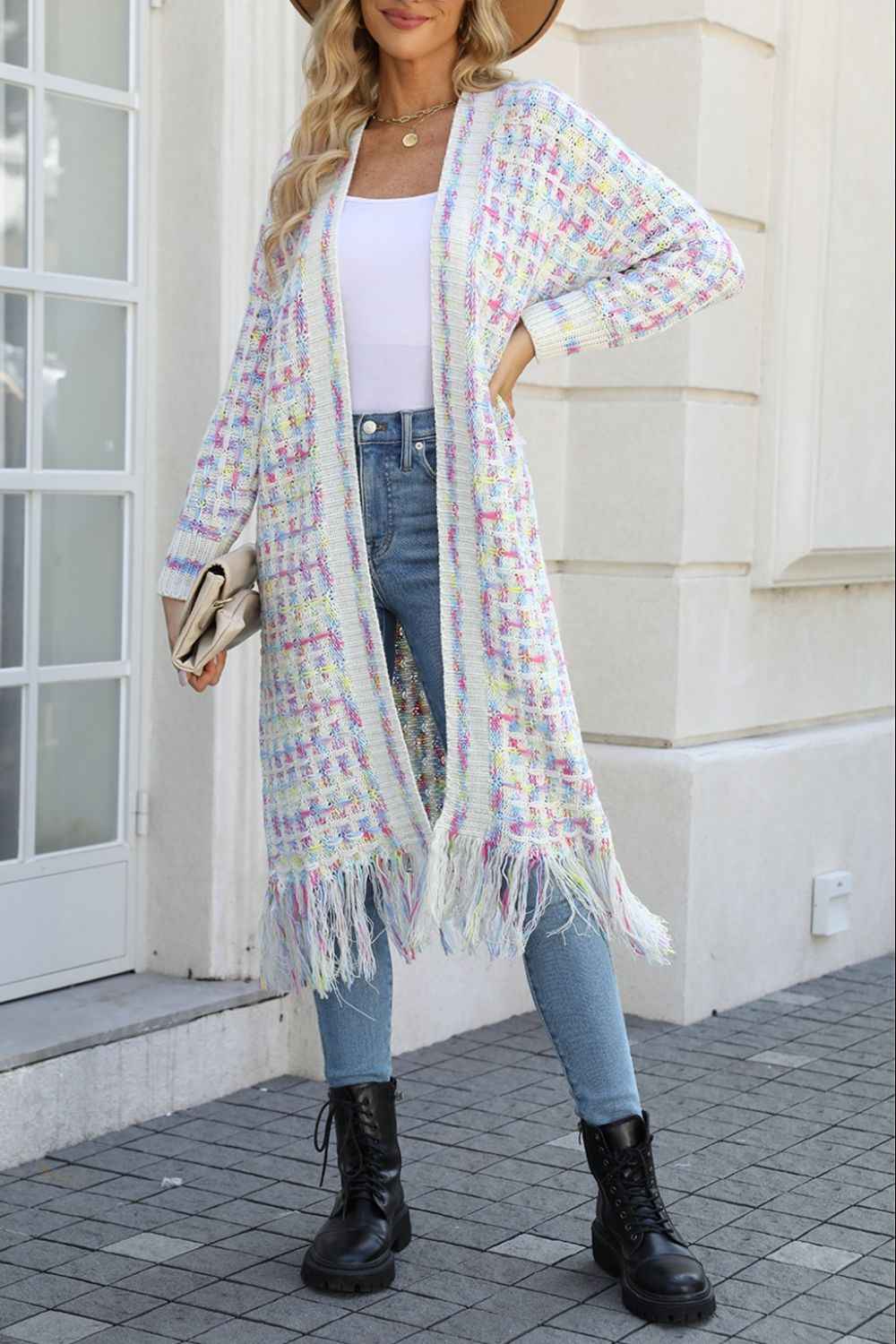 Multicolored Open Front Fringe Hem Cardigan - aurelia-clothing-8955