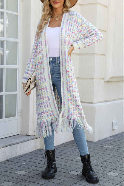 Multicolored Open Front Fringe Hem Cardigan - aurelia-clothing-8955