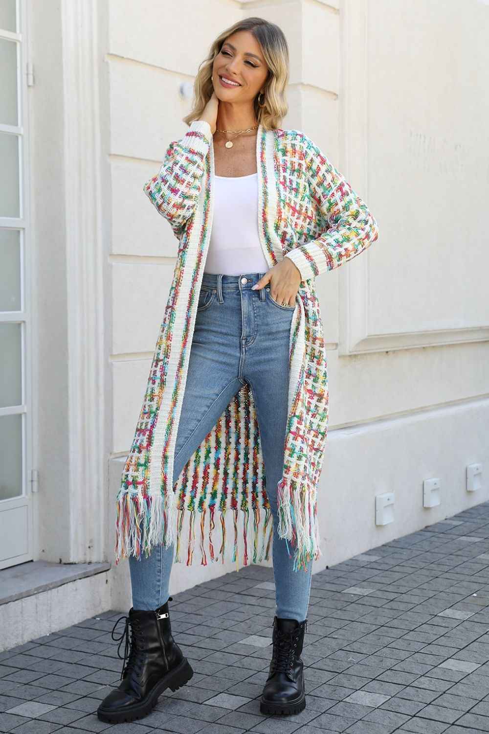 Multicolored Open Front Fringe Hem Cardigan - aurelia-clothing-8955