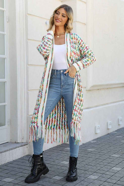 Multicolored Open Front Fringe Hem Cardigan - aurelia-clothing-8955