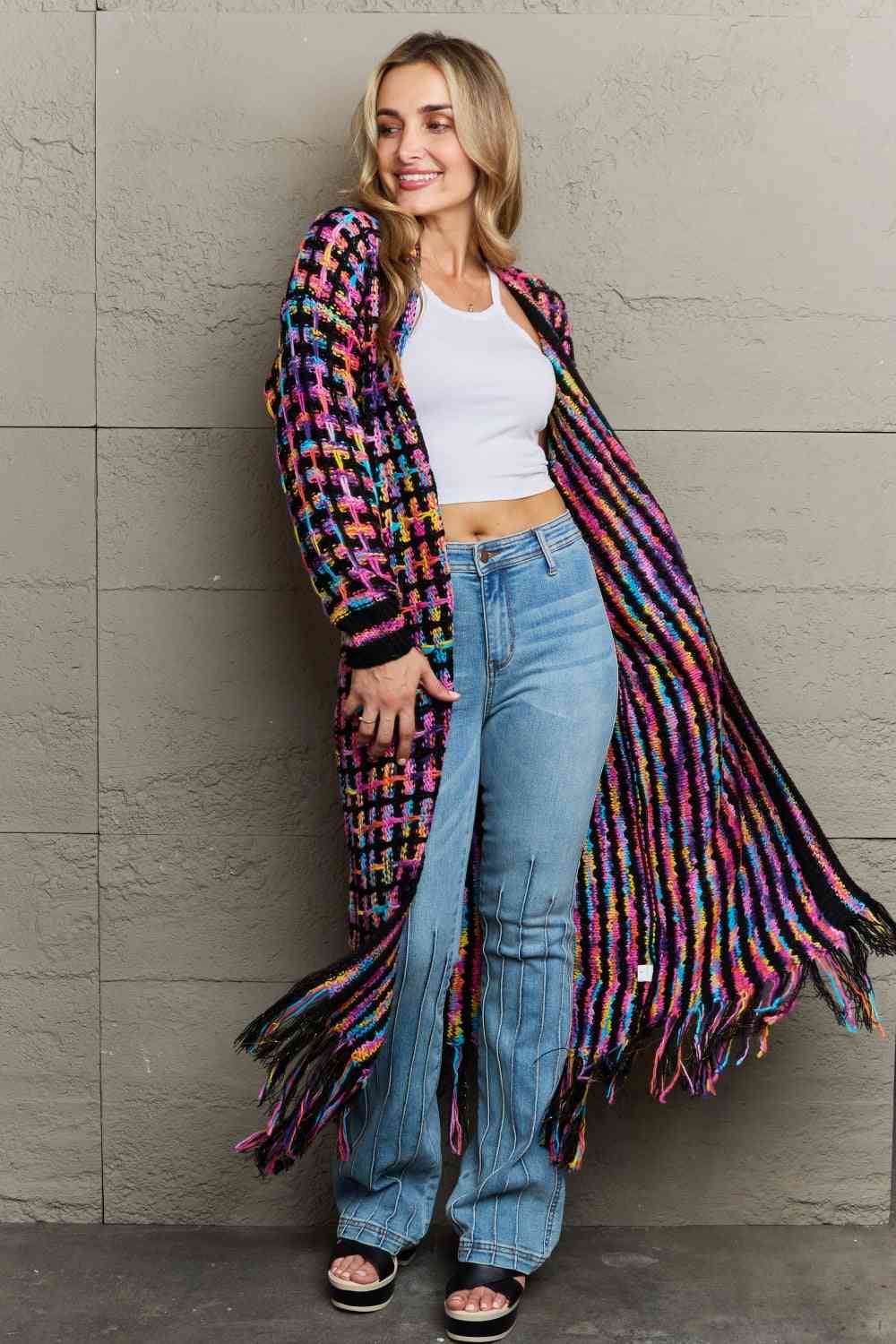 Multicolored Open Front Fringe Hem Cardigan - aurelia-clothing-8955