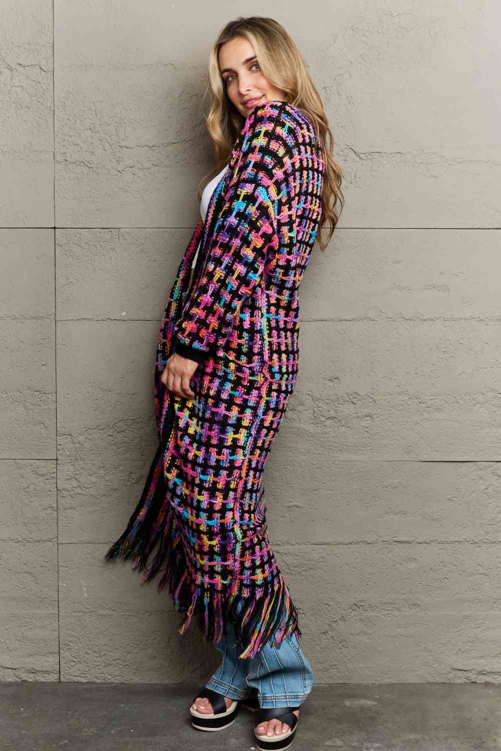 Multicolored Open Front Fringe Hem Cardigan - aurelia-clothing-8955