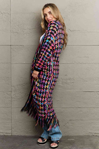Multicolored Open Front Fringe Hem Cardigan - aurelia-clothing-8955