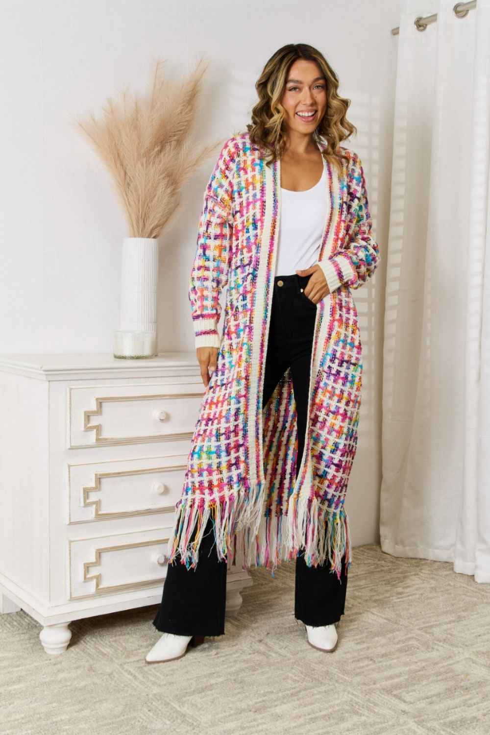 Multicolored Open Front Fringe Hem Cardigan - aurelia-clothing-8955