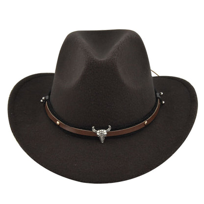 New European and American Cowhead Western Denim Hat Woolen British Jazz Hat Mens and Womens Famous Ethnic Style Big Eaves Hat - Free Shipping - aurelia-clothing-8955