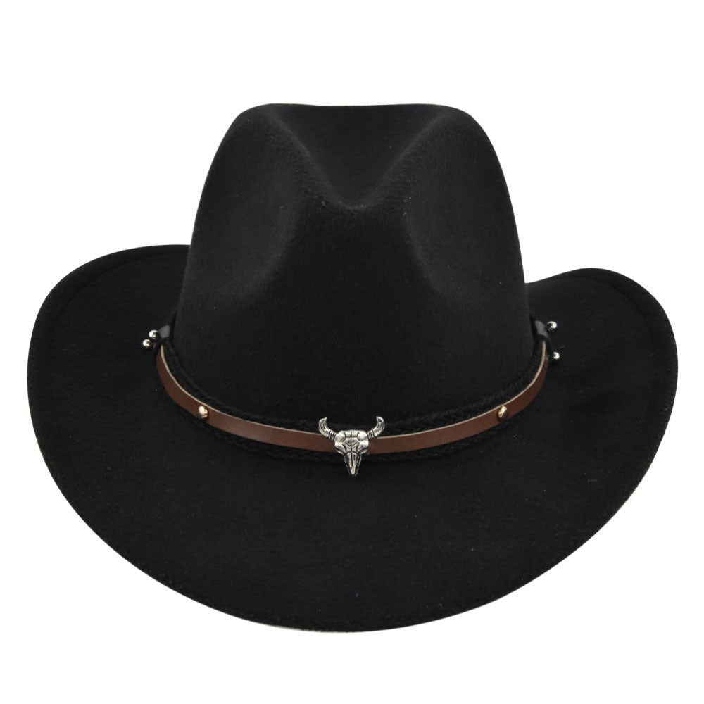 New European and American Cowhead Western Denim Hat Woolen British Jazz Hat Mens and Womens Famous Ethnic Style Big Eaves Hat - Free Shipping - aurelia-clothing-8955