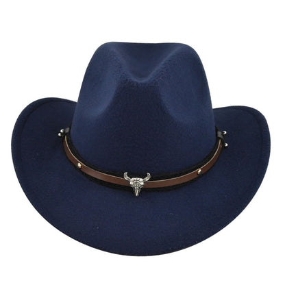 New European and American Cowhead Western Denim Hat Woolen British Jazz Hat Mens and Womens Famous Ethnic Style Big Eaves Hat - Free Shipping - aurelia-clothing-8955
