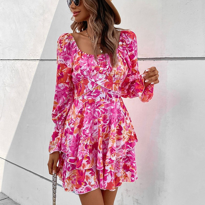 New Fashion European and American Womens Square Neck Printed Ruffle Sleeve Slim Fit Dress - Free Shipping - aurelia-clothing-8955