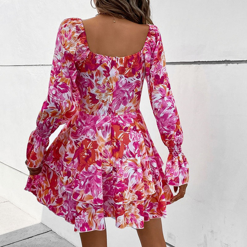 New Fashion European and American Womens Square Neck Printed Ruffle Sleeve Slim Fit Dress - Free Shipping - aurelia-clothing-8955
