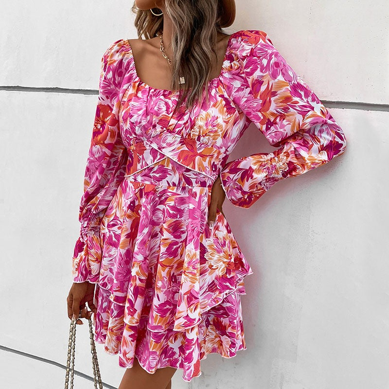 New Fashion European and American Womens Square Neck Printed Ruffle Sleeve Slim Fit Dress - Free Shipping - aurelia-clothing-8955