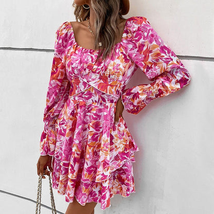New Fashion European and American Womens Square Neck Printed Ruffle Sleeve Slim Fit Dress - Free Shipping - aurelia-clothing-8955