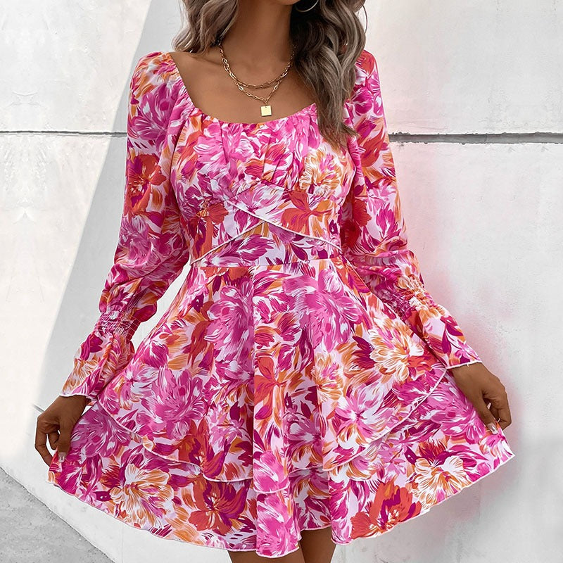 New Fashion European and American Womens Square Neck Printed Ruffle Sleeve Slim Fit Dress - Free Shipping - aurelia-clothing-8955