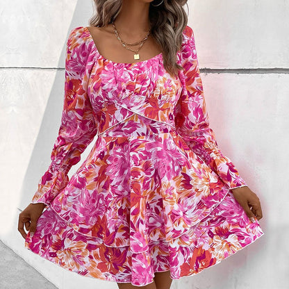 New Fashion European and American Womens Square Neck Printed Ruffle Sleeve Slim Fit Dress - Free Shipping - aurelia-clothing-8955